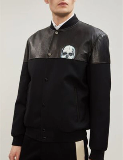 Shop Alexander Mcqueen Skull-appliquéd Leather And Stretch-twill Bomber Jacket In Black/black/white