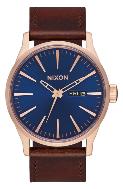 Shop Nixon 'the Sentry' Leather Strap Watch, 42mm In Brown/ Navy/ Rose Gold
