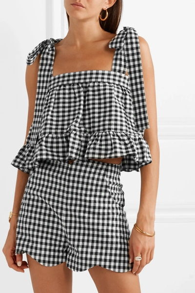 Shop Paper London Emely Cropped Ruffled Gingham Cotton-blend Seersucker Top In Black