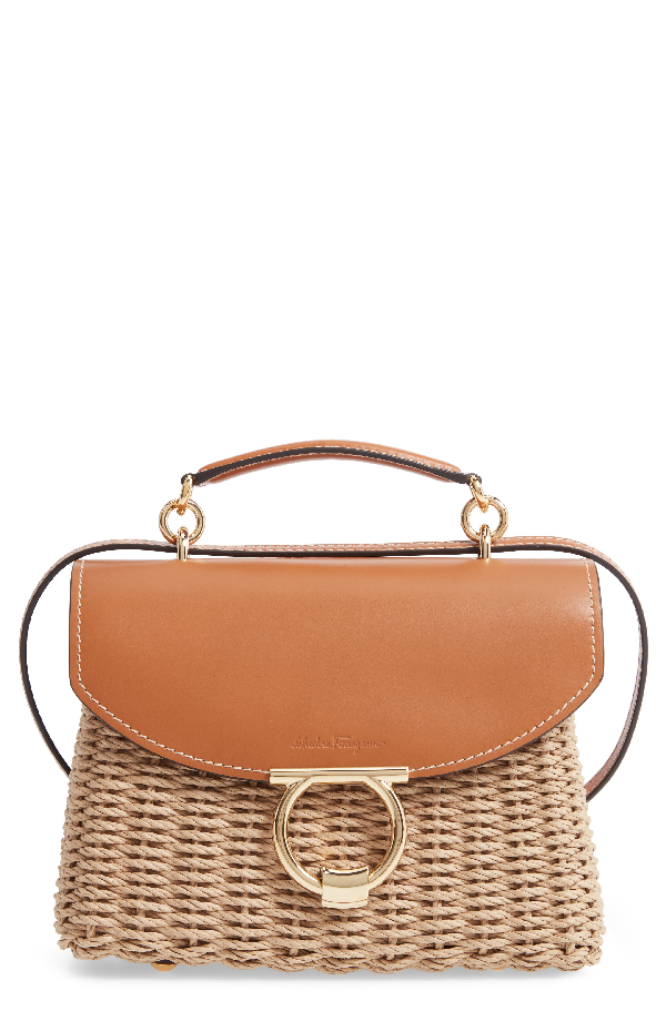 Salvatore Ferragamo Margot Leathertrimmed Wicker Shoulder Bag In Brown