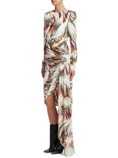 Shop Givenchy Long Sleeve Printed Asymmetrical Silk Dress In Ecru