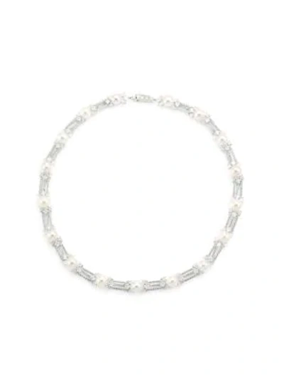 Shop Adriana Orsini Rhodium-plated Sterling Silver, 8-8.5mm Pearl & Cubic Zirconia Collar Necklace