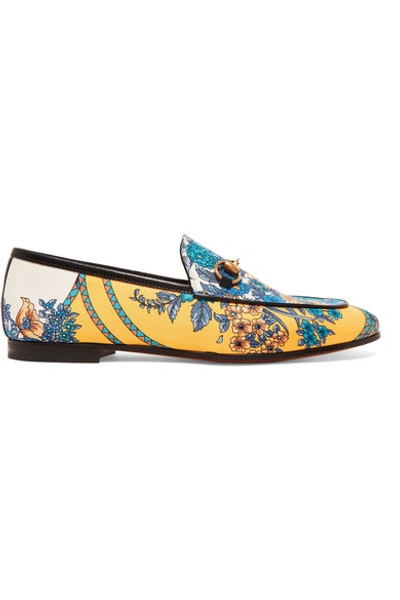 Shop Gucci Jordaan Horsebit-detailed Leather-trimmed Printed Twill Loafers