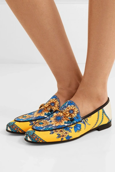Shop Gucci Jordaan Horsebit-detailed Leather-trimmed Printed Twill Loafers