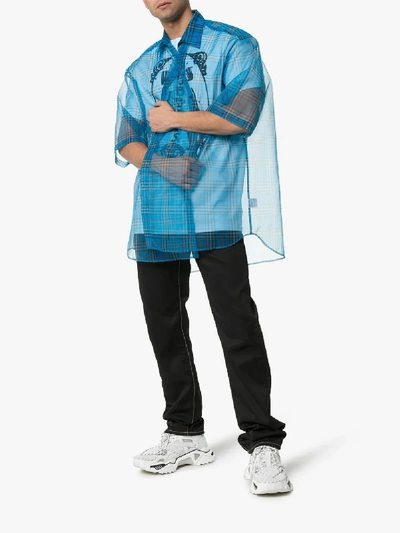 Shop Raf Simons Check Print Double Layer Sheer Cotton Blend Shirt In Blue