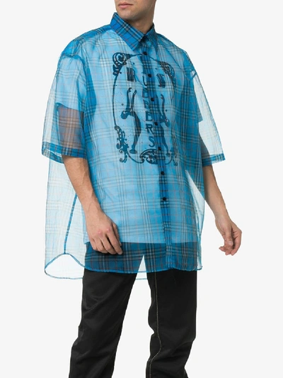 Shop Raf Simons Check Print Double Layer Sheer Cotton Blend Shirt In Blue