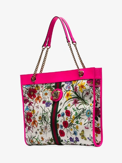 Gucci Neon Pink Leather Trim Floral Print Canvas Tote Bag | ModeSens