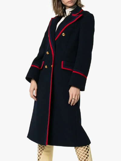 Shop Gucci Web Trim Double-breasted Military Coat In 4795  Blue