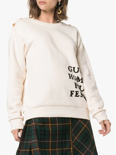 Shop Gucci Buttoned Shoulder Embroidered Cotton Sweatshirt In 9232 Avorio