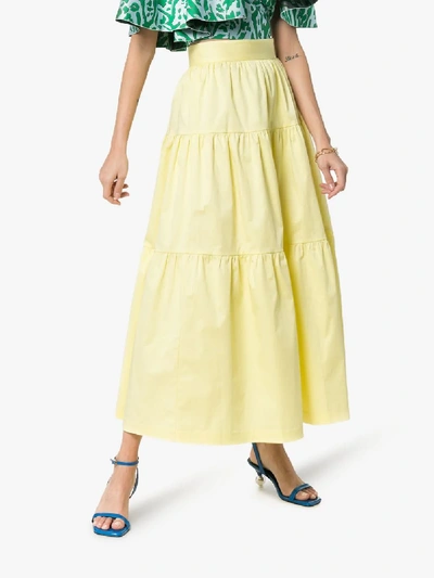 Shop Staud Tiered Cotton-blend Maxi Skirt In Yellow