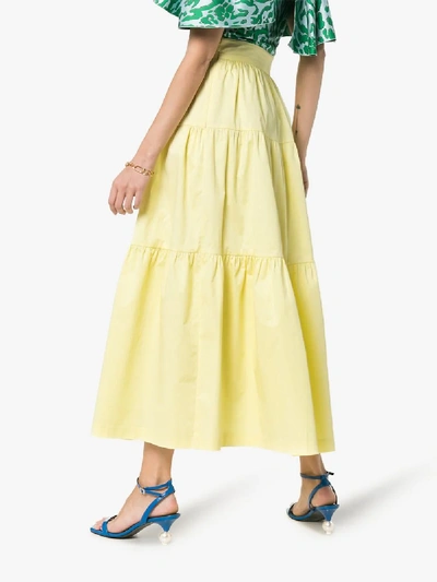 Shop Staud Tiered Cotton-blend Maxi Skirt In Yellow