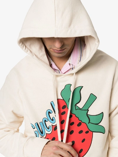 Shop Gucci Strawberry Print Cotton Hoodie In 9230 White