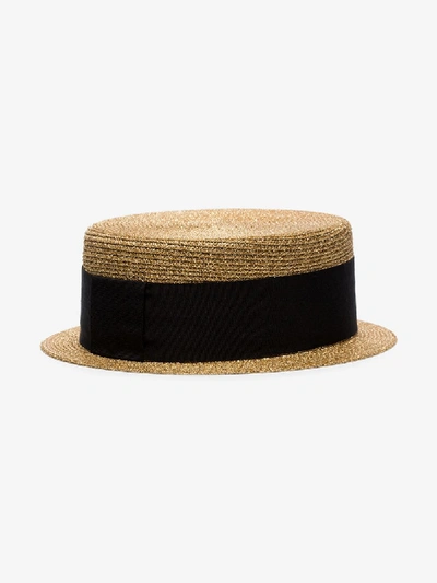 Shop Saint Laurent Metallic Gold And Black Small Straw Boater Hat In 8000 Metallic Gold