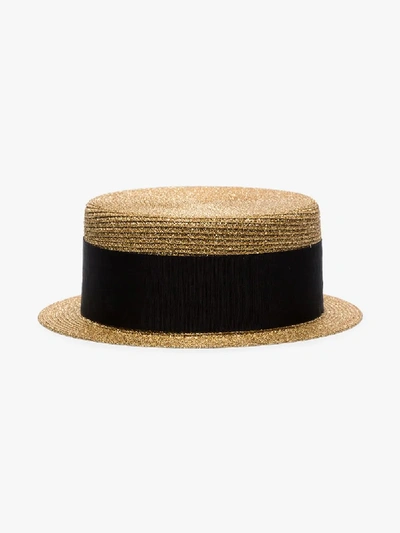 Shop Saint Laurent Metallic Gold And Black Small Straw Boater Hat In 8000 Metallic Gold