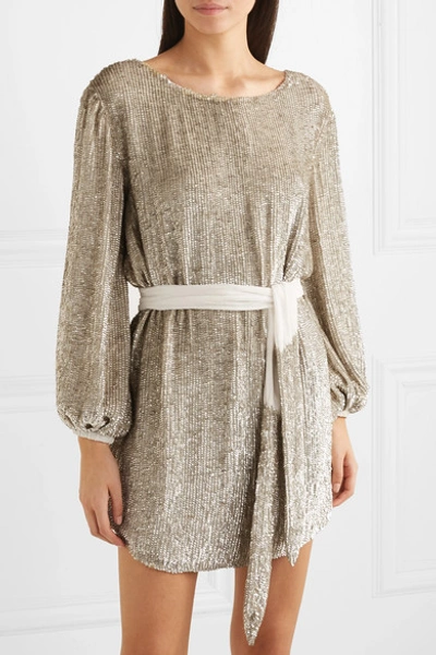 Shop Retroféte Grace Velvet-trimmed Sequined Satin Mini Wrap Dress In Gold