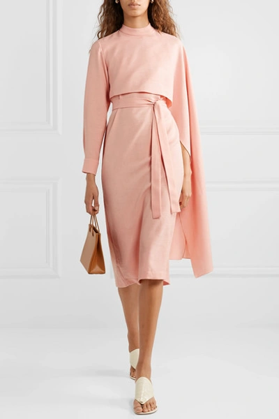 Shop Materiel Asymmetric Belted Cape-effect Woven Dress In Blush