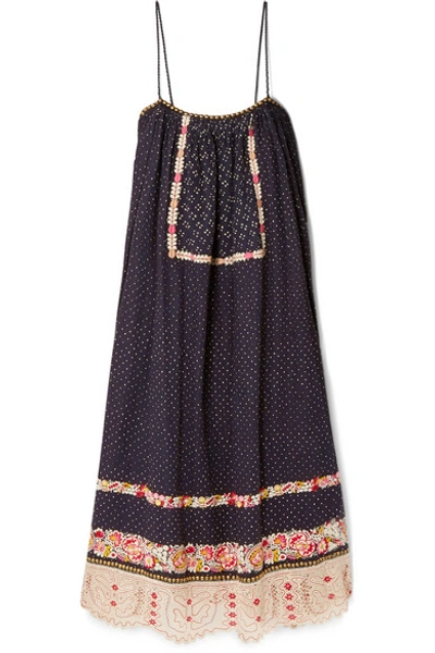 Shop Ulla Johnson Nara Studded Embroidered Linen And Cotton-blend Dress In Indigo