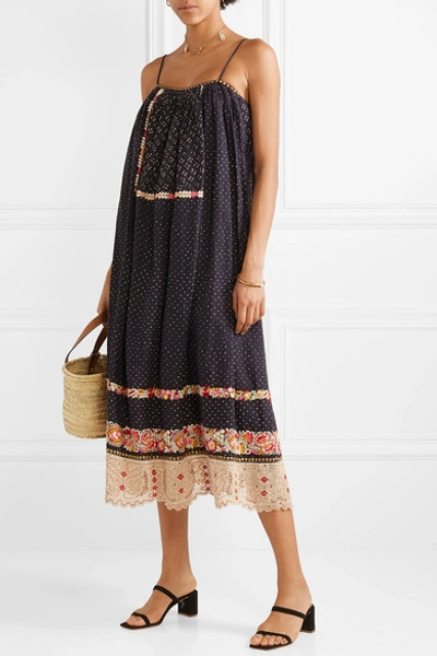 Shop Ulla Johnson Nara Studded Embroidered Linen And Cotton-blend Dress In Indigo