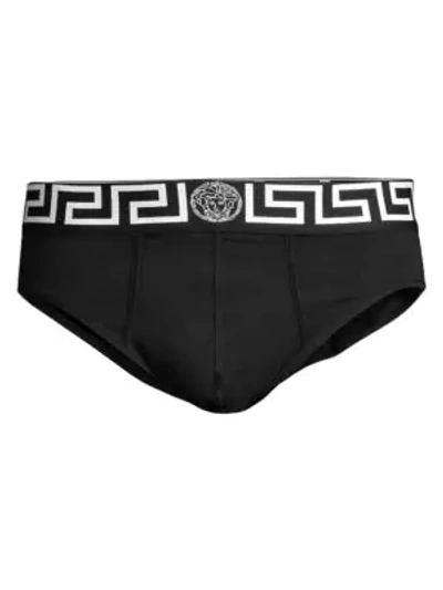 Shop Versace Iconic Stretch Cotton Low-rise Briefs In Black