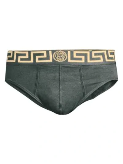 Shop Versace Men's Iconic Stretch Cotton Low-rise Briefs In Grey Gold