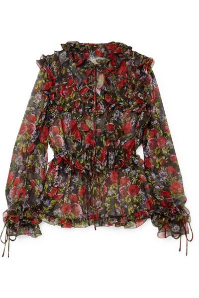 Shop Dolce & Gabbana Pussy-bow Ruffled Floral-print Silk-chiffon Blouse In Black