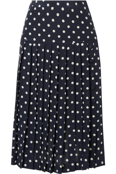 Shop Alessandra Rich Pleated Polka-dot Silk-georgette Midi Skirt In Navy