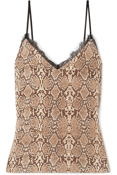 Shop Anine Bing Lace-trimmed Snake-print Silk-charmeuse Camisole In Snake Print