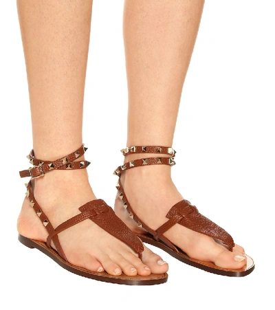 Shop Valentino Rockstud Double Leather Sandals In Brown