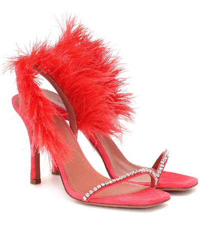 Shop Amina Muaddi Adwoa Feather-trimmed Suede Sandals In Pink