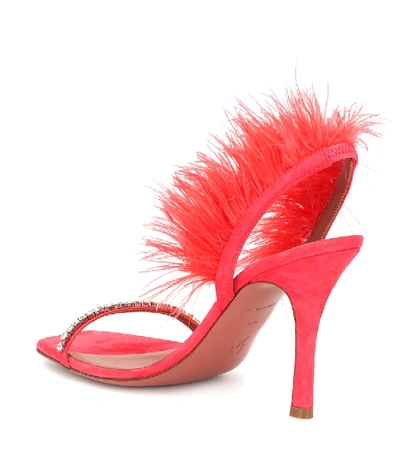 Shop Amina Muaddi Adwoa Feather-trimmed Suede Sandals In Pink