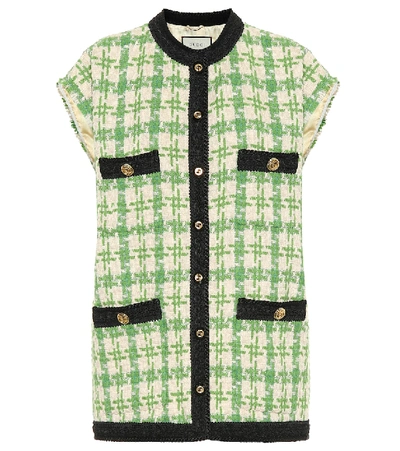 Shop Gucci Houndstooth Tweed Vest In Green