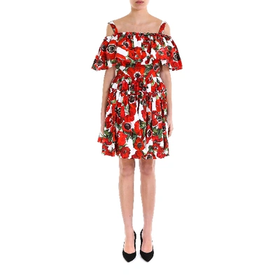 Shop Dolce & Gabbana Floral Print Ruffle Dress In Red