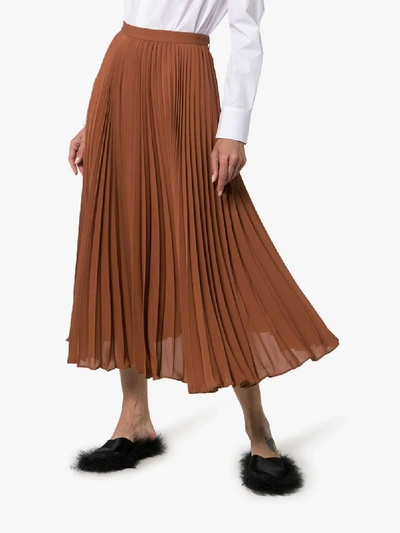 Valentino High-waisted Pleated Silk Midi Skirt In Lan Brown