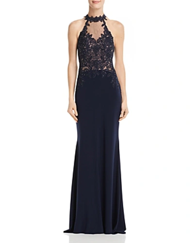 Shop Avery G Embellished Illusion Gown In Navy