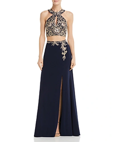 Shop Avery G Embellished Two-piece Gown In Navy/gold