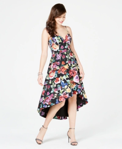 Shop Aidan Mattox Aidan By  Floral-print High-low Dress In Black Floral