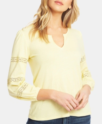 Shop 1.state Split-neck Lace-trimmed Knit Top In Honey Suckle