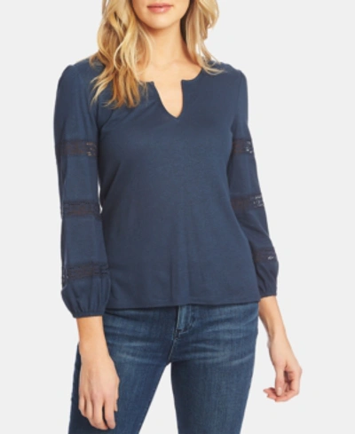 Shop 1.state Split-neck Lace-trimmed Knit Top In Midnight Sky
