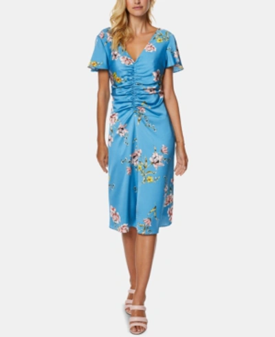 Shop Avec Les Filles Ruched Floral-print Dress In Blue