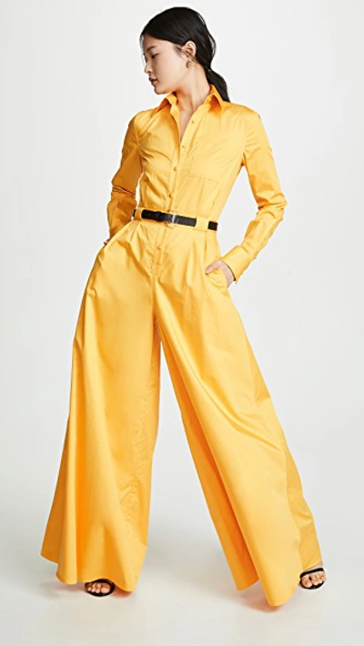 Shop Brandon Maxwell Poplin Wide Leg Button Down Jumpsuit In Marigold