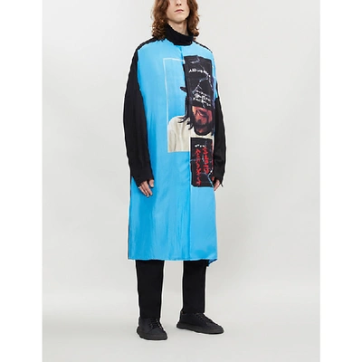 Shop Yohji Yamamoto Graphic-front Oversized Silk And Tencel Shirt In Blue