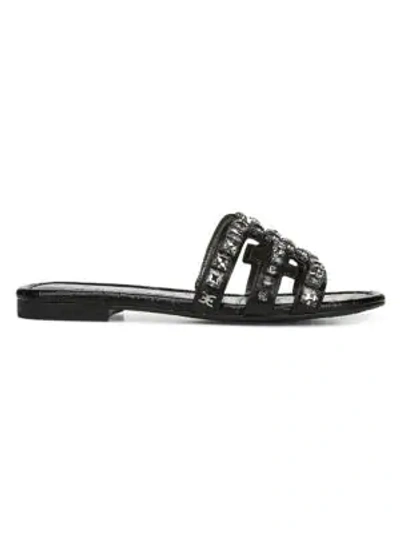 Shop Sam Edelman Bay Flat Crystal-embellished Leather Sandals In Black