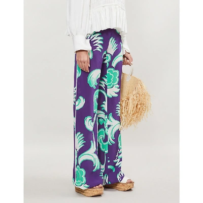 Shop Valentino Floral-print Wide-leg Silk-crepe Trousers In Deep Lilac