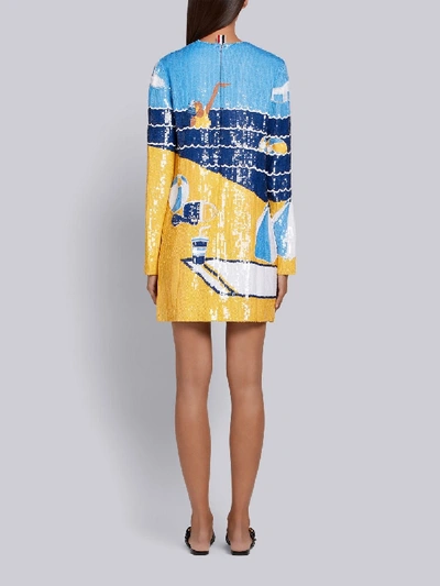 Shop Thom Browne Sequin Beach Scene Shift Dress In Blue