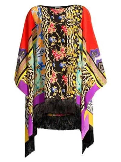 Shop Etro Patchwork Fringe Silk Poncho In Orange