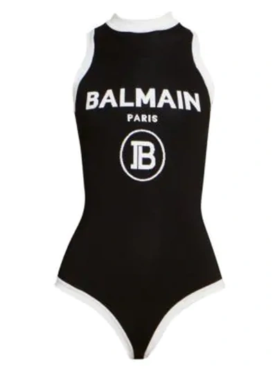 Shop Balmain Women's Sleeveless Logo Bodysuit In Black