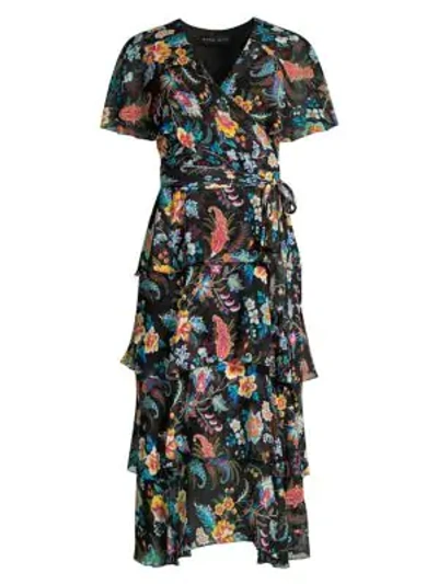 Shop Etro Fern Floral Tiered Ruffle Silk Dress In Black