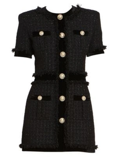 Shop Balmain Short Sleeve Velvet Tweed Dress In Black
