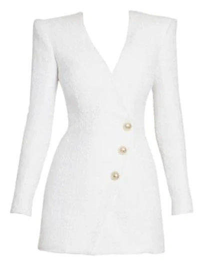 Shop Balmain Women's Long-sleeve Tweed Wrap Mini Dress In White
