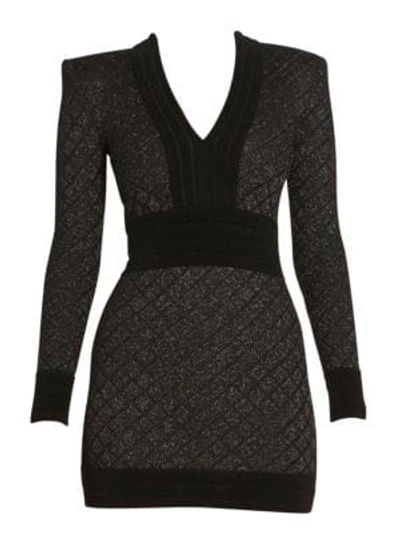 Shop Balmain Long Sleeve V-neck Diamond Grid Dress In Black